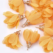 Chiffon Pendants, with Iron Findings, Flower, Golden, Orange, 25~27x20~30mm, Hole: 2.5mm(X-FIND-S300-03Q)