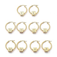 304 Stainless Steel Hoop Earrings, with Brass Micro Pave Cubic Zirconia Beads, Cube with Letter, Golden, Mixed, 29.5x24.5mm, Pin: 0.7x1mm(EJEW-JE04277)