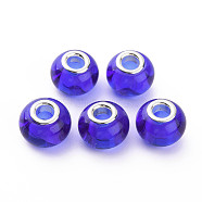 Glass European Beads, Large Hole Beads, with Silver Tone Brass Double Cores, Rondelle, Medium Blue, 14.5x11.5mm, Hole: 5mm(GPDL-T003-01D)