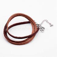 Three Loops Leather Wrap Bracelets, with Tibetan Style Om Symbol Findings and Brass Lobster Claw Clasps, Saddle Brown, 578mm(22-3/4 inch)(BJEW-JB02516)