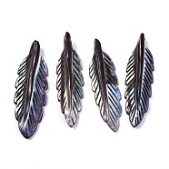 Natural Freshwater Shell Pendants, Dyed, Carved, Feather, Gray, 42~43x12~13x4.5mm, Hole: 1.5mm(SHEL-R113-15A)
