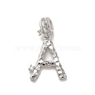 Rack Plating Brass Micro Pave Cubic Zirconia European Dangle Charms, Large Hole Letter Pendant, Platinum, Long-Lasting Plated, Cadmium Free & Lead Free, Letter A, 25mm, Charm: 18x14.5x2mm, Hole: 4x2.5mm(KK-L210-015P-A)