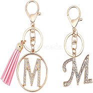 2Pcs 2 Style Alloy Rhinestone Keychain Sets, with Lobster Claw Clasps and PU Leather Tassel, Alphabet, Letter.M, 1pc/style, 100mm, M: 49x43.5x3mm(KEYC-WR0001-01M)