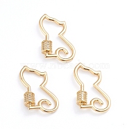 Brass Micro Pave Clear Cubic Zirconia Screw Carabiner Lock Charms, for Necklaces Making, Cat Shape, Real 18K Gold Plated, 28x19x2mm, Screw: 6x5.5mm(ZIRC-I041-06G)