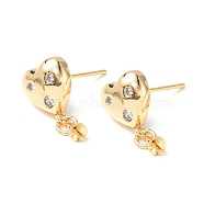 Brass Clear Cubic Zirconia Stud Earring Findings, with Cup Peg Bails and 925 Sterling Silver Pins, Heart, Real 18K Gold Plated, 18x9mm, Pin: 0.8mm(KK-B063-03G)