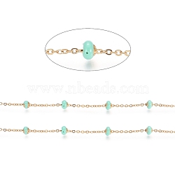 Stainless Steel Satellite Chains, with Enamel Beads and Spool, Soldered, Long-Lasting Plated, Flat Round, Golden, Turquoise, 1.5x1.2x0.3mm, about 32.8 Feet(10m)/roll(CHS-I006-03G-F)
