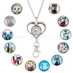 DIY Interchangeable Dome Office Lanyard ID Badge Holder Necklace Making Kit, Including Brass Jewelry Snap Buttons, Alloy Snap Keychain Making, 304 Stainless Steel Cable Chains Necklaces, Cat Pattern, 18.5x9mm, 12pcs/box(DIY-SC0021-97C)