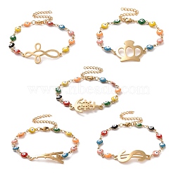 Vacuum Plating 304 Stainless Steel Link Bracelet with Colorful Enamel Evil Eye Chains for Women, Mixed Shape, Golden, 6-5/8 inch(16.9cm)~7 inch(17.8cm)(BJEW-B062-01G)