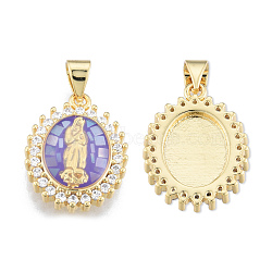 Brass Micro Pave Clear Cubic Zirconia Pendants, with Enamel and Shell, Real 18K Gold Plated, Nickel Free, Oval with Virgin Mary, Medium Purple, 19.5x14.5x4mm, Hole: 3x4mm(KK-N227-92A)