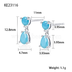 Cubic Zirconia Teardrop Dangle Stud Earrings, Platinum Rhodium Plated 925 Sterling Silver Earrings, Deep Sky Blue, 12.8x3.93~4.7mm(SC9593-08)