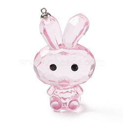 Transparent Acrylic Rhinestone Big Pendants, with Alloy Findings, Faceted, Rabbit, Pink, 59.5x35.5x24mm, Hole: 1.6mm(TACR-P002-02D)