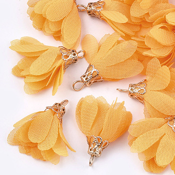 Chiffon Pendants, with Iron Findings, Flower, Golden, Orange, 25~27x20~30mm, Hole: 2.5mm