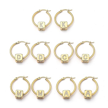 304 Stainless Steel Hoop Earrings, with Brass Micro Pave Cubic Zirconia Beads, Cube with Letter, Golden, Mixed, 29.5x24.5mm, Pin: 0.7x1mm