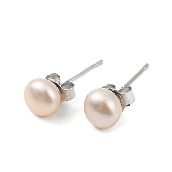 Natural Pearl Round Bead Stud Earrings, with Real Platinum Plated 925 Sterling Silver Findings, Blanched Almond, 15x5~6mm