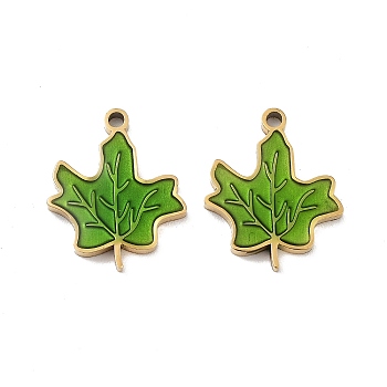 Ion Plating(IP) 316 Stainless Steel Enamel Pendants, Nickel Free, Maple Leaf Charm, Real 18K Gold Plated, Lime Green, 16x13x2mm, Hole: 1.2mm