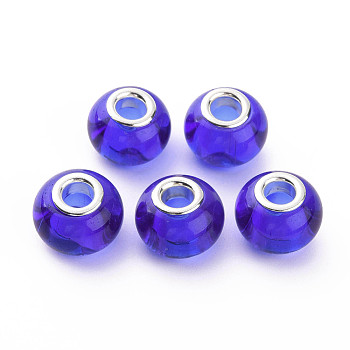 Glass European Beads, Large Hole Beads, with Silver Tone Brass Double Cores, Rondelle, Medium Blue, 14.5x11.5mm, Hole: 5mm