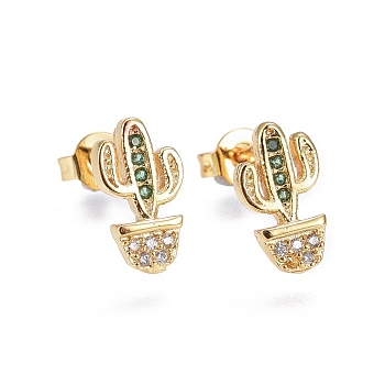 Brass Micro Pave Cubic Zirconia Stud Earrings, Cactus, Golden, Colorful, 11.8x6.5x2mm, Pin: 0.7mm