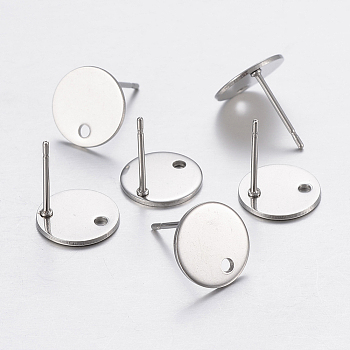 304 Stainless Steel Stud Earring Findings, with Loop and Flat Plate, Flat Round, Stainless Steel Color, 12x1mm, Hole: 2mm, Pin: 0.8mm