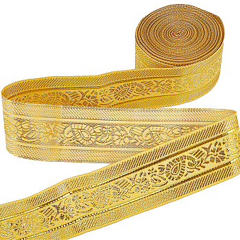 Flat Embroidery Polyester Ribbons, Jacquard Ribbon, Tyrolean Ribbon with Flower/Floral Pattern, Gold, 1-1/4 inch(33mm), about 7.66 Yards(7m)/Roll