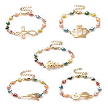 Vacuum Plating 304 Stainless Steel Link Bracelet with Colorful Enamel Evil Eye Chains for Women, Mixed Shape, Golden, 6-5/8 inch(16.9cm)~7 inch(17.8cm)