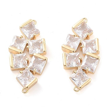Brass Pave Clear Glass Connector Charms, Leaf Links, Light Gold, 33.5x16x4mm, Hole: 1.2mm