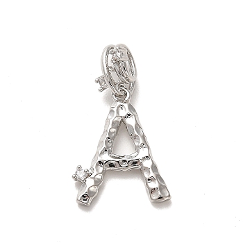 Rack Plating Brass Micro Pave Cubic Zirconia European Dangle Charms, Large Hole Letter Pendant, Platinum, Long-Lasting Plated, Cadmium Free & Lead Free, Letter A, 25mm, Charm: 18x14.5x2mm, Hole: 4x2.5mm