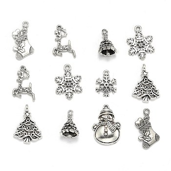Tibetan Style Alloy Pendants, for Christmas Day, Mixed Shape, Antique Silver, 10.5~67x16~79x1~12mm, Hole: 1~3.5mm