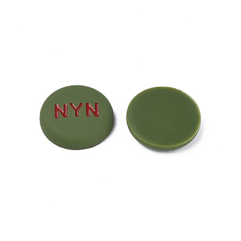 Acrylic Enamel Cabochons, Flat Round with Word NYN, Dark Olive Green, 21x5mm