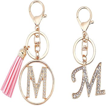 2Pcs 2 Style Alloy Rhinestone Keychain Sets, with Lobster Claw Clasps and PU Leather Tassel, Alphabet, Letter.M, 1pc/style, 100mm, M: 49x43.5x3mm