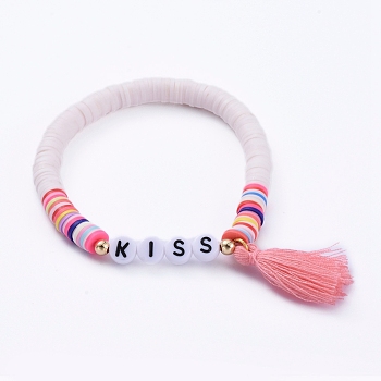 Handmade Polymer Clay Heishi Beads Stretch Bracelets, with Word Acrylic Beads and Cotton Thread Tassel Pendants, for Mother's Day, Kiss, Colorful, 2 inch(5.2cm)