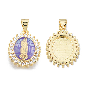 Brass Micro Pave Clear Cubic Zirconia Pendants, with Enamel and Shell, Real 18K Gold Plated, Nickel Free, Oval with Virgin Mary, Medium Purple, 19.5x14.5x4mm, Hole: 3x4mm