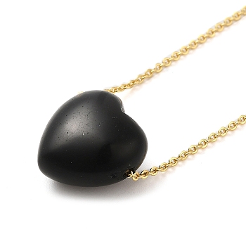 Natural Obsidian Heart Pendant Necklace with Golden Alloy Cable Chains, 23.82 inch(60.5cm)