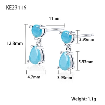 Cubic Zirconia Teardrop Dangle Stud Earrings, Platinum Rhodium Plated 925 Sterling Silver Earrings, Deep Sky Blue, 12.8x3.93~4.7mm