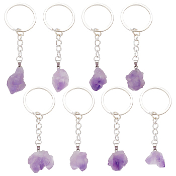 8Pcs Nuggets Natural Amethyst Pendant Keychain, with Iron Findings, 2.1~3.3cm