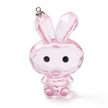 Transparent Acrylic Rhinestone Big Pendants, with Alloy Findings, Faceted, Rabbit, Pink, 59.5x35.5x24mm, Hole: 1.6mm