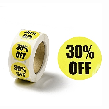 30% Off Discount Round Dot Roll Stickers, Self-Adhesive Paper Percent Off Stickers, for Retail Store, Yellow, 66x27mm, Stickers: 25mm in diameter, 500pcs/roll
