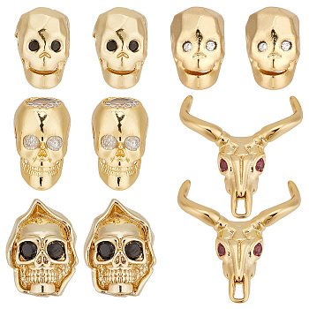 Elite 10pcs 5 style Brass Micro Pave Cubic Zirconia Beads, Skull & Cattle, Golden, 12~20x7.5~18x7~9.5mm, Hole: 1.5~2mm, 2pcs/style
