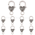 10Pcs Tibetan Style Heart Lobster Claw Clasps, Cadmium Free & Lead Free, Antique Silver, 26.5x14x6mm, Hole: 4mm(FIND-YW0009-77AS)
