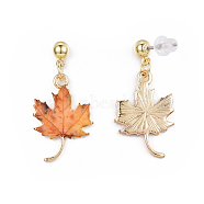 Autumn Theme Alloy Dangle Stud Earrings, with Enamel, Eco-Friendly Stainless Steel Pins and Ear Nuts, Printed, Maple Leaf, Coral, 27.5x13.5mm, Pin: 0.7mm(EJEW-G148-24G-02)