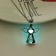 Alloy Angel Cage Pendant Necklace with Luminous Plastic Beads, Glow in the Dark Jewelry for Women, Cyan, 17.72 inch(45cm)(LUMI-PW0001-075P-01)