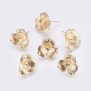 Brass Stud Earrings Findings, with Loop, For Half Drilled Beads, Long-Lasting Plated, Flower, Nickel Free, Real 18K Gold Plated, 16x3mm, Hole: 0.8mm, Pin: 0.8mm(KK-I622-29G-NF)