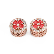 Rack Plating Alloy European Beads, with Crystal Rhinestone & Red Enamel, Large Hole Beads, Cadmium Free & Nickel Free & Lead Free, Flat Round with Flower, Rose Gold, 11.5x9mm, Hole: 5.5mm(MPDL-N039-185RG)