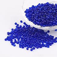 8/0 Glass Seed Beads, Transparent, Round, Blue, 3mm, Hole: 1mm, about 1097pcs/50g(X-SEED-A004-3mm-8)