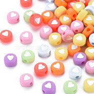 Opaque Acrylic Beads, Flat Round with Heart, Mixed Color, 7x4mm, Hole: 1.5mm, about 3700pcs/500g(MACR-T027-01)