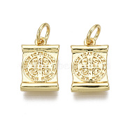 Brass Charms, with Jump Ring, Nickel Free, Rectangle with Saint Benedict, with Word CssmlNdsmd, Real 18K Gold Plated, 14x9x2.5mm, Hole: 3mm(KK-R133-005-03G-NF)