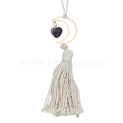 Natural Amethyst Heart Pendant Decoration, Tassel Car Hanging Ornament, with Alloy Moon, 180mm(HJEW-WH0043-20A)