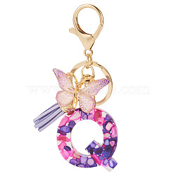 Resin Butterfly Pendant Keychains, with Suede Tassel Charms and Alloy Findings, for Car Key Bag Accessories, Golden, Blue Violet, Letter Q, 105mm(KEYC-TAC0034-03Q)