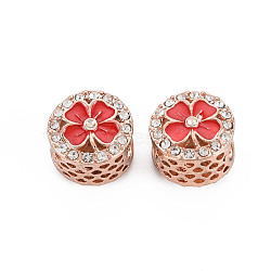 Rack Plating Alloy European Beads, with Crystal Rhinestone & Red Enamel, Large Hole Beads, Cadmium Free & Nickel Free & Lead Free, Flat Round with Flower, Rose Gold, 11.5x9mm, Hole: 5.5mm(MPDL-N039-185RG)