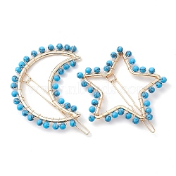 2Pcs Moon & Star Alloy with Synthetic Turquoise Hollow Hair Barrettes, Ponytail Holder Statement for Girls Women, Moon: 61x66x4~5mm, Star: 52.5~54x60x4~4.5mm(PHAR-JH00105-01)