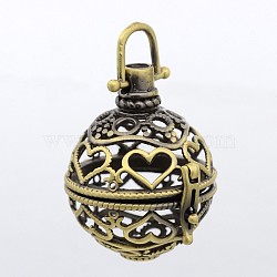 Round with Heart Brass Hollow Cage Pendants, For Chime Ball Pendant Necklaces Making, Lead Free & Cadmium Free &Nickel Free, Antique Bronze, 38x25mm, Hole: 5x6mm, 20.5mm inner diameter(KK-P026-08AB-NR)